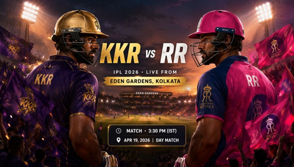 Current image: KKR vs RR IPL 2026 match at Eden Gardens Kolkata with pitch report and match preview