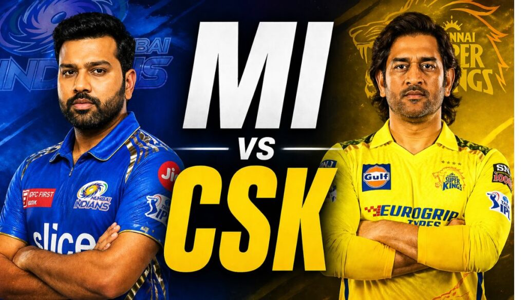 Current image: MI vs CSK 2026 match preview Rohit Sharma vs MS Dhoni Wankhede Stadium pitch report