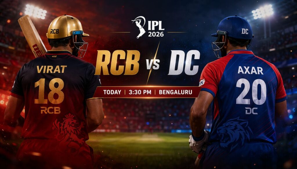 Current image: RCB vs DC IPL 2026 आज का मैच चिन्नास्वामी स्टेडियम में