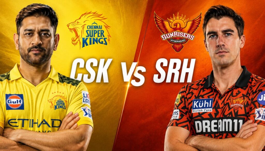 CSK vs SRH IPL 2026 professional match poster with one player from each team