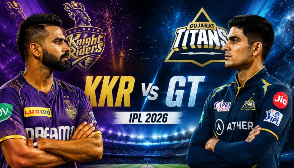 Current image: KKR vs GT IPL 2026 मैच पोस्टर जिसमें KKR और GT के स्टार खिलाड़ी आमने-सामने दिख रहे हैं
