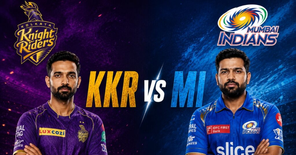 KKR vs MI IPL 2026 poster featuring Ajinkya Rahane and Rohit Sharma with team logos