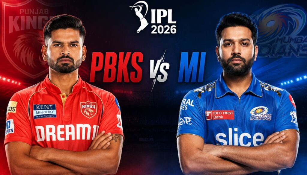 PBKS vs MI IPL 2026 मैच प्रीव्यू पोस्टर जिसमें पंजाब किंग्स और मुंबई इंडियंस के लोगो के साथ मैच डिटेल दिखाई गई है।