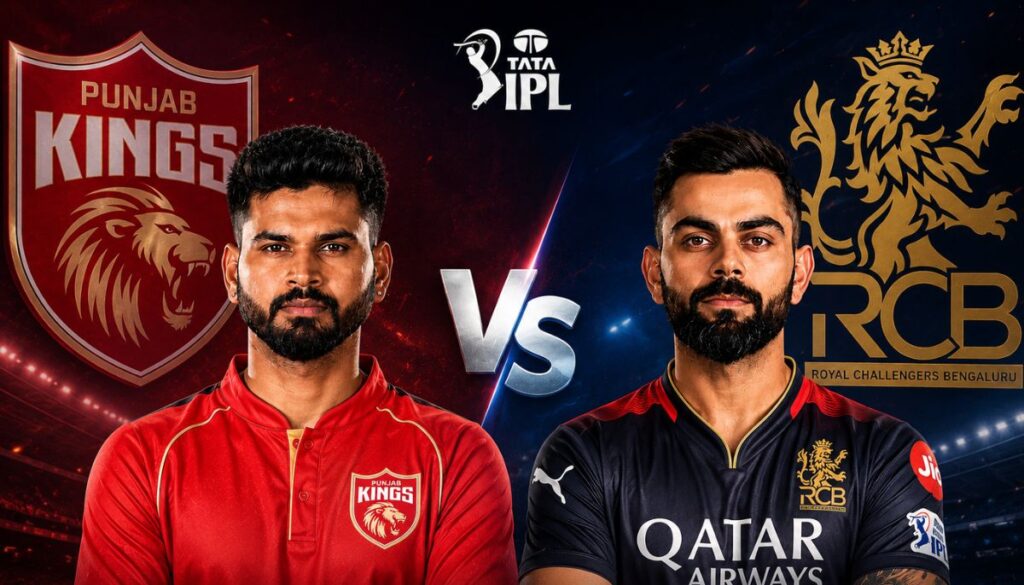 Current image: PBKS vs RCB IPL 2026 poster featuring Shreyas Iyer and Virat Kohli with Punjab Kings and Royal Challengers Bengaluru logos