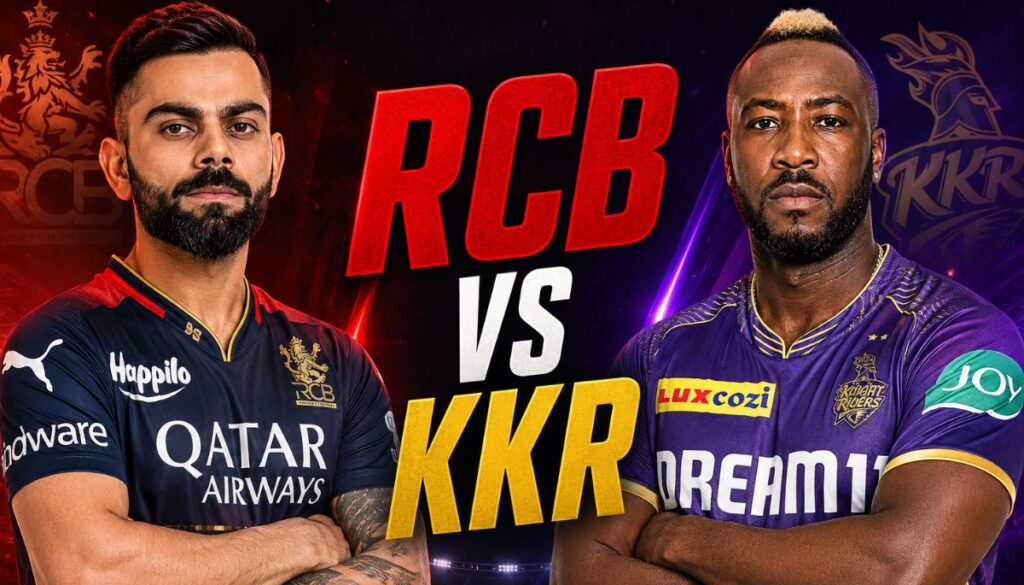 Current image: RCB vs KKR IPL 2026 मैच पोस्टर जिसमें विराट कोहली और आंद्रे रसेल आमने-सामने दिखाई दे रहे हैं