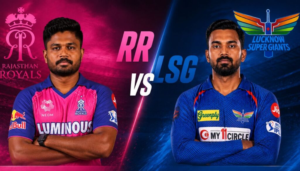 RR vs LSG IPL 2026 poster featuring Sanju Samson and KL Rahul