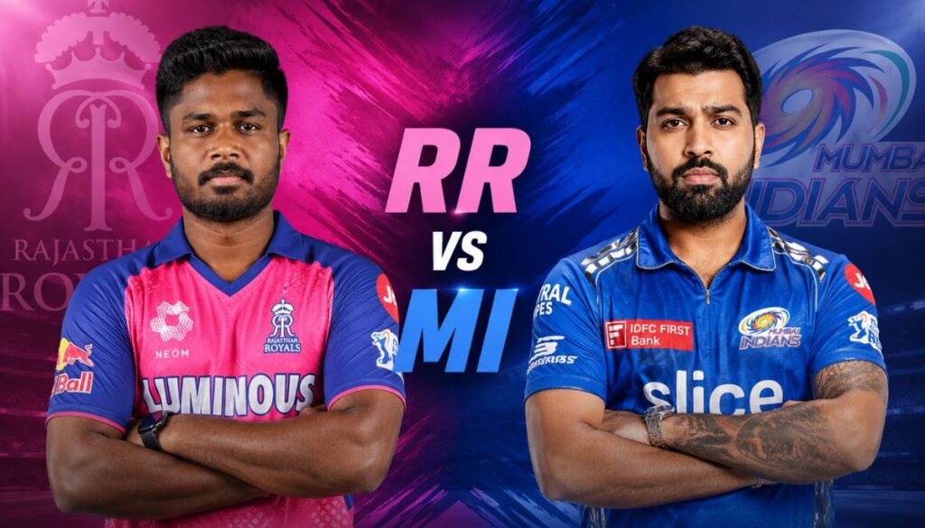 RR vs MI IPL 2026 match poster with Rajasthan Royals and Mumbai Indians players