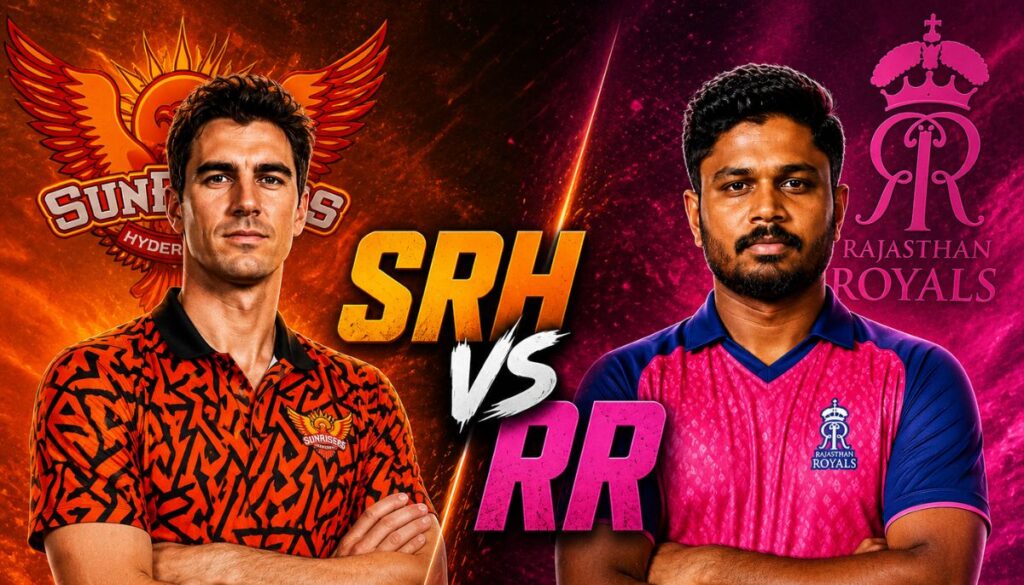 SRH vs RR IPL 2026 Eliminator match poster with Hyderabad and Rajasthan players