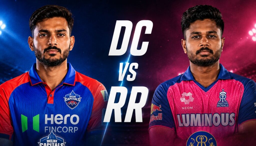 Current image: DC vs RR IPL 2026 poster featuring Axar Patel and Sanju Samson with Delhi Capitals and Rajasthan Royals logos