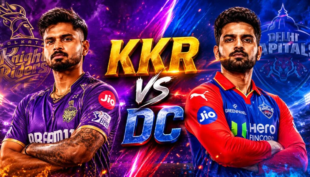KKR vs DC IPL 2026 professional match poster with Kolkata Knight Riders and Delhi Capitals players